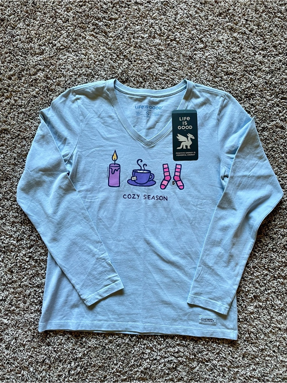 NWT Life is Good Crusher Long Sleeve V-Neck Tee Light Blue Cozy Season Sz Small